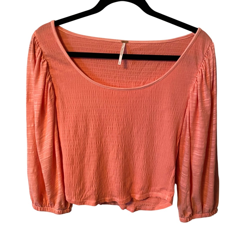Free People Smocked Puff Sleeve Crop Top Coral Textured Scoop Neck Size M‎